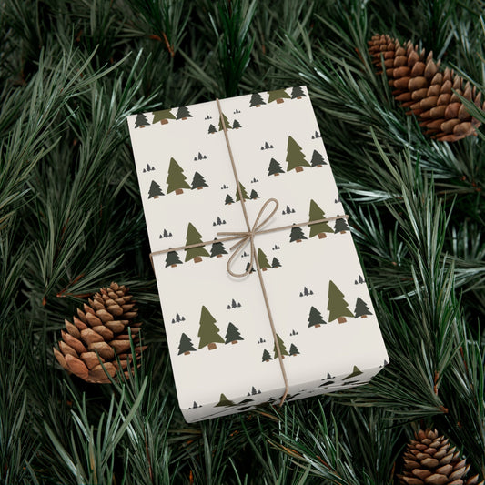 Minimalist Christmas Tree Gift Wrapping Paper- Evergreen Fir Dark Green Forest Pine Trees - Nature Lover- Cute Modern Boho Present Wrap Roll