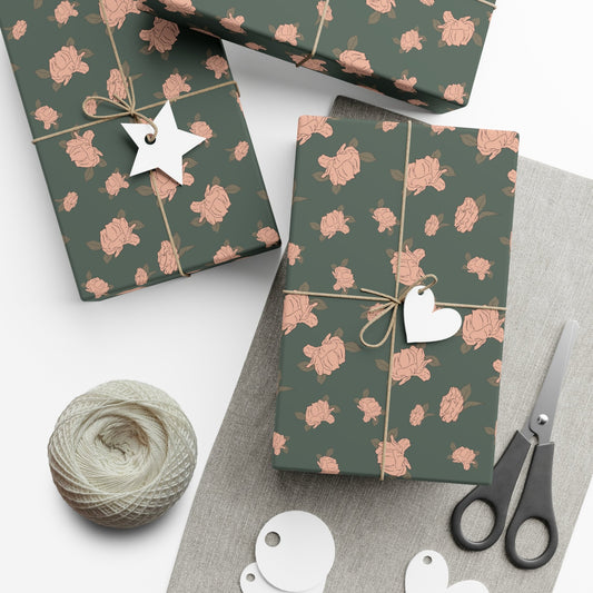 Sage Green Floral Christmas Wrapping Paper - Pink - Green - Hand drawn Art- Eco Friendly- Holiday Gift Wrap Paper Roll- Rustic Farmhouse