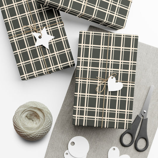 Dark Grey-Green Plaid Rustic Farmhouse Wrapping Paper - Green and Cream - Eco Friendly- Simple Xmas Holiday Gift Wrap Paper Roll- Moody