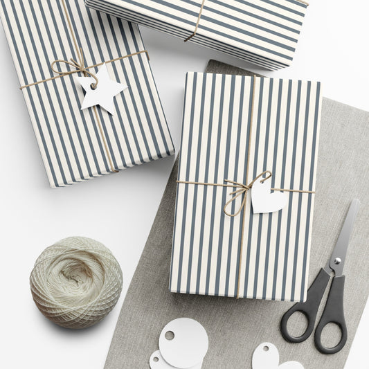 Muted Blue Striped Christmas Wrapping Paper - Eco Friendly- Unisex - Xmas Gift Wrap Paper Roll- Modern Rustic Farmhouse