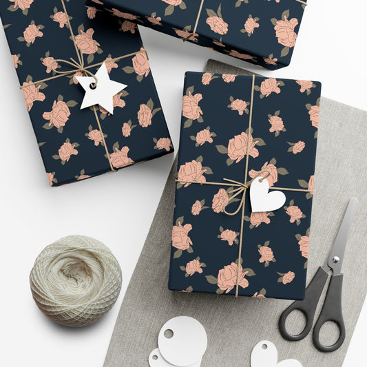 Midnight Blue Floral Christmas Wrapping Paper - Original Art - Eco Friendly - Simple Holiday Gift Wrap Paper Roll- Rustic Farmhouse Cottage