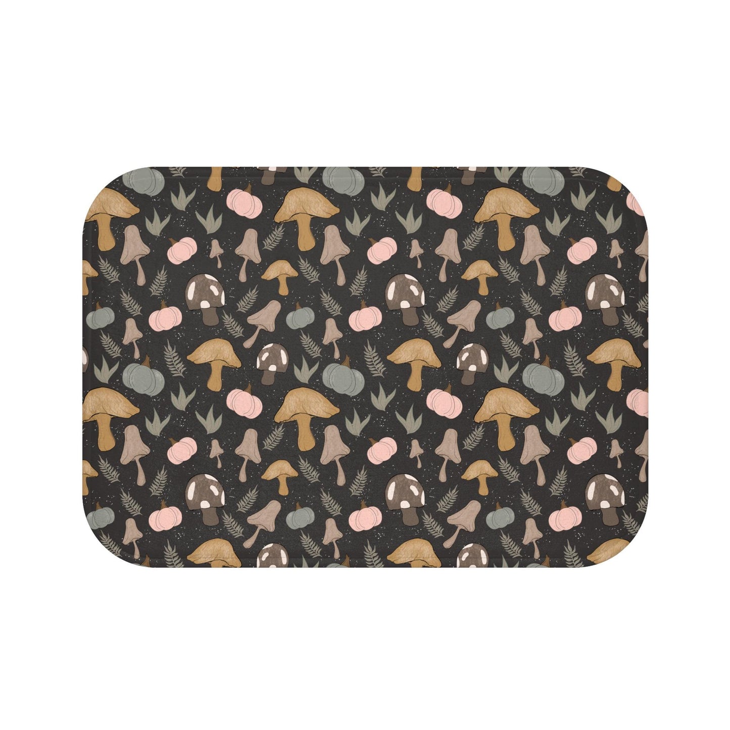 Goth Girly Mushrooms and Pumpkins Bath Mat | Memory Foam Bathroom Rug | Original Art | Non-Slip | Boho, Home Spa Decor, Pumpkins Shower Mat