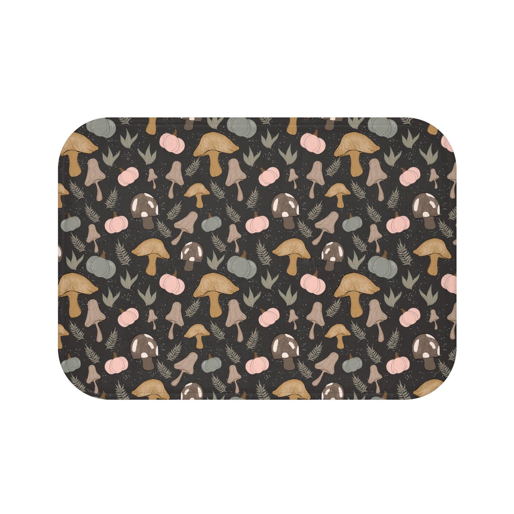 Goth Girly Mushrooms and Pumpkins Bath Mat | Memory Foam Bathroom Rug | Original Art | Non-Slip | Boho, Home Spa Decor, Pumpkins Shower Mat