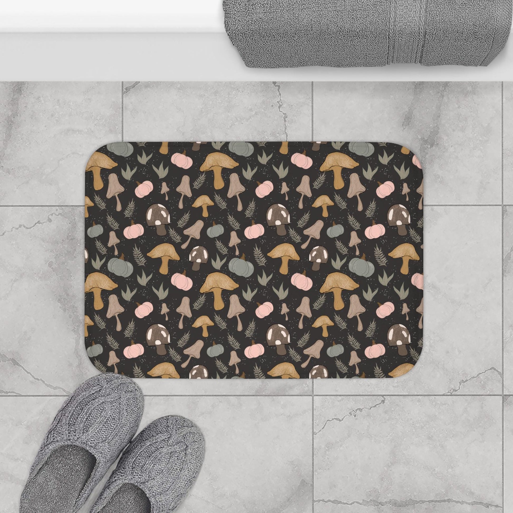 Goth Girly Mushrooms and Pumpkins Bath Mat | Memory Foam Bathroom Rug | Original Art | Non-Slip | Boho, Home Spa Decor, Pumpkins Shower Mat