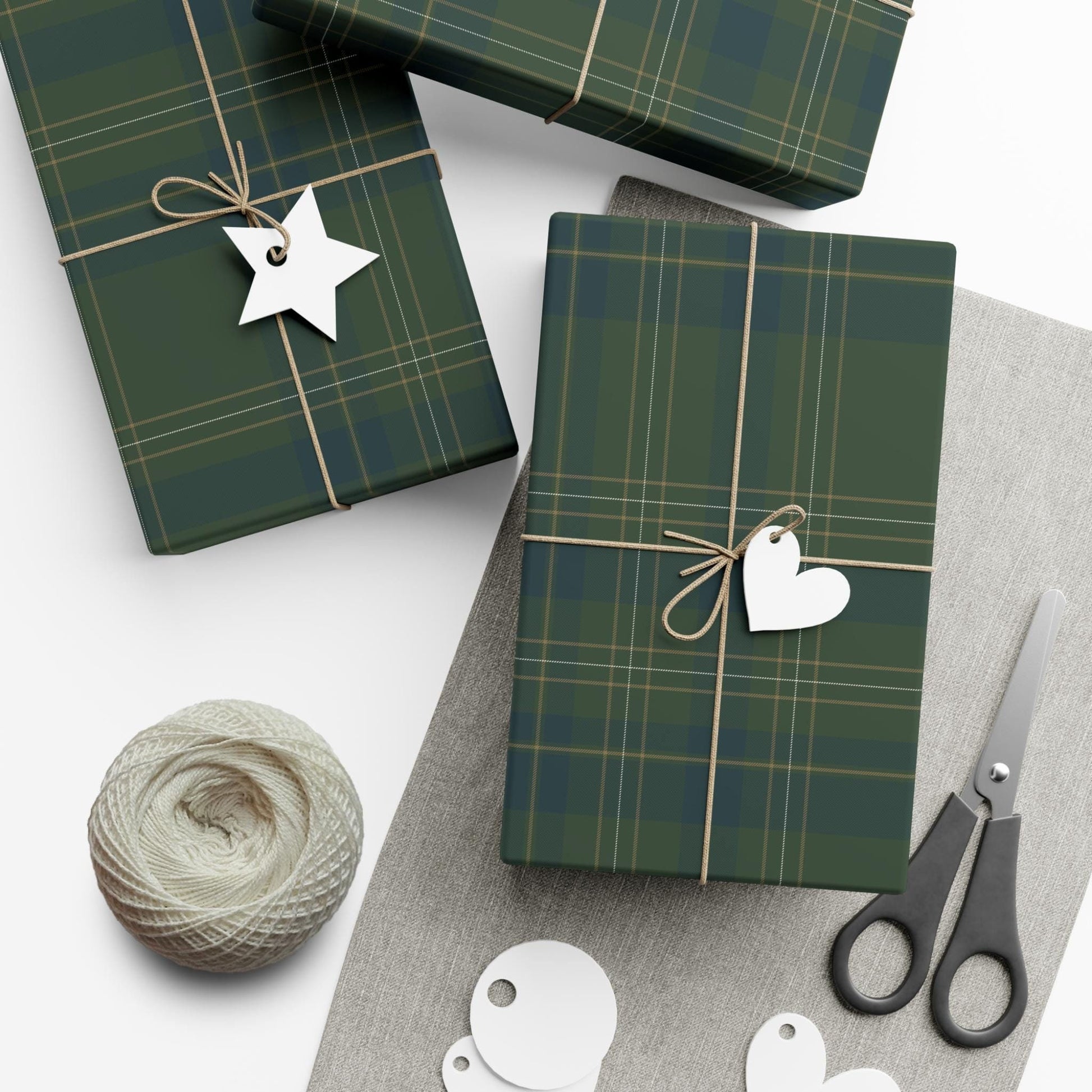 Modern farmhouse christmas wrapping paper roll.Plaid tartan gift wrap. SAge Kelly Green and muted blue. Rustic modern