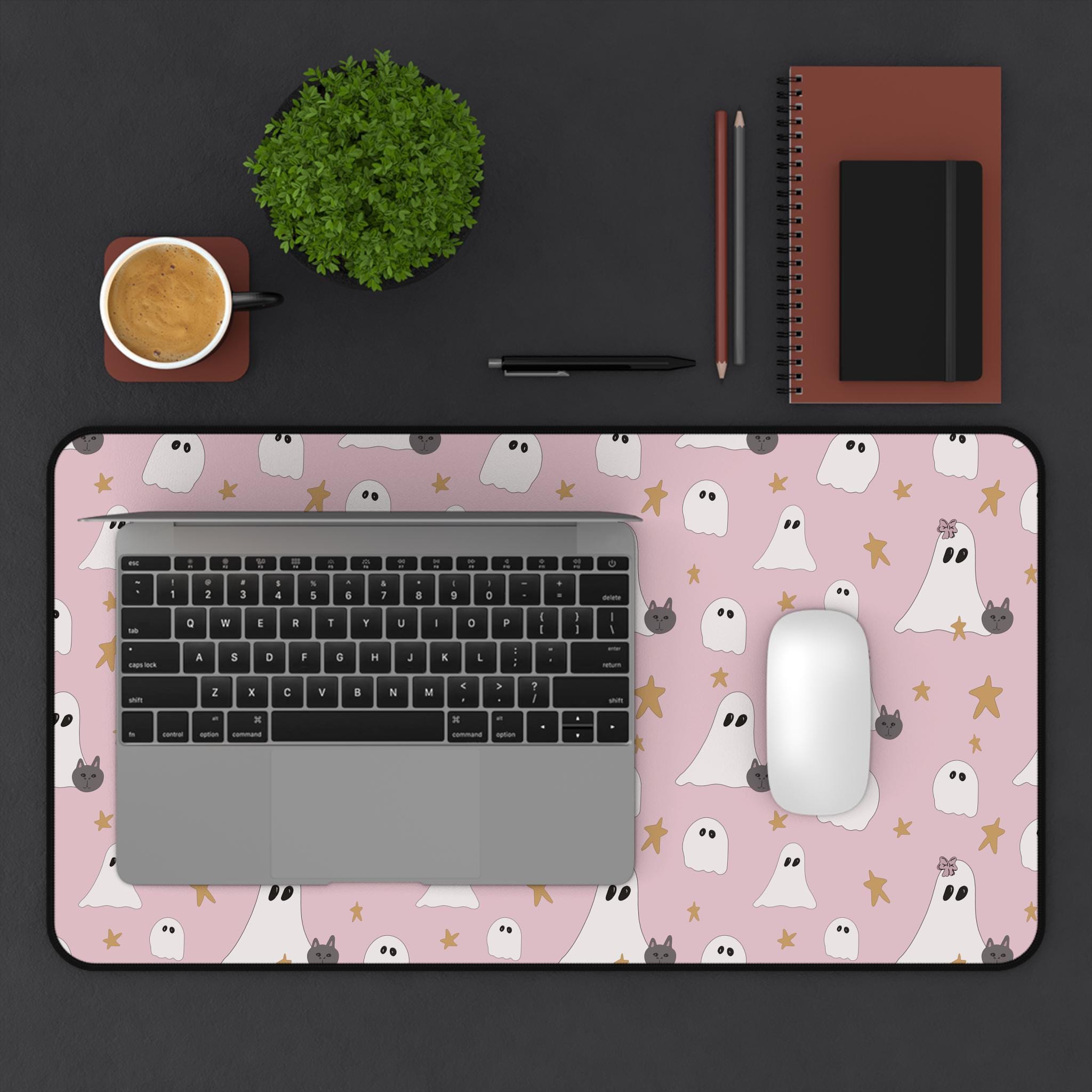 Pink Halloween Desk Mat Hand Painted Cat and Ghost Design Cute Spo Alyssa Knight Studio